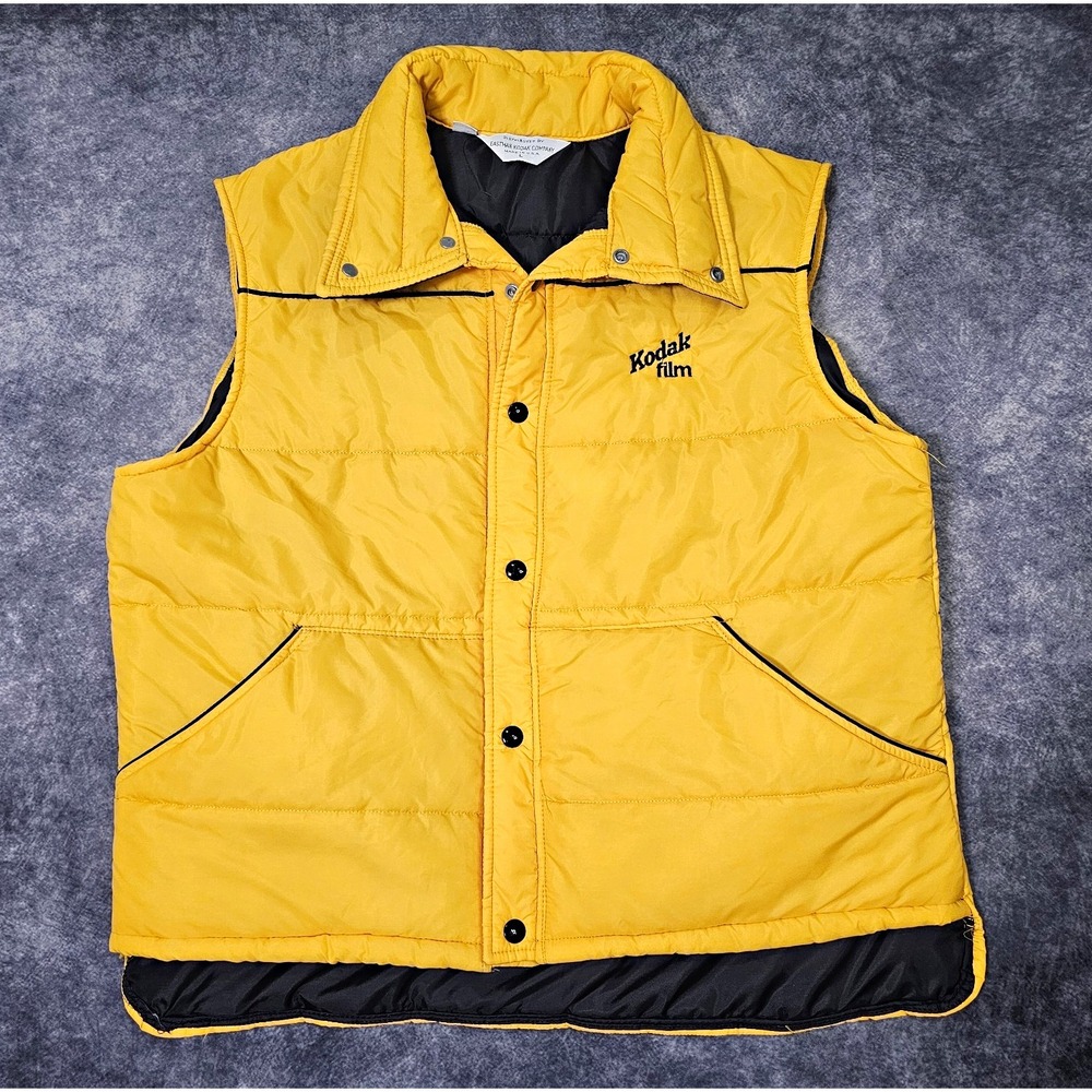 Kodak Yellow/Black Down Puffer Vest Men's L Snap Front Pockets Logo Vintage